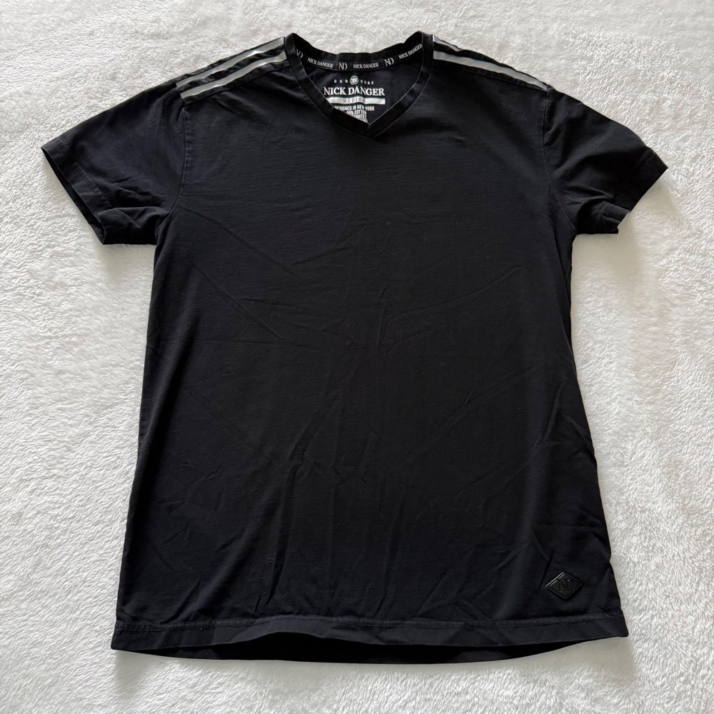 Nick Danger Mens V Neck T Shirt Black Short Sleeve Medium ND Logo Cotton Spandex